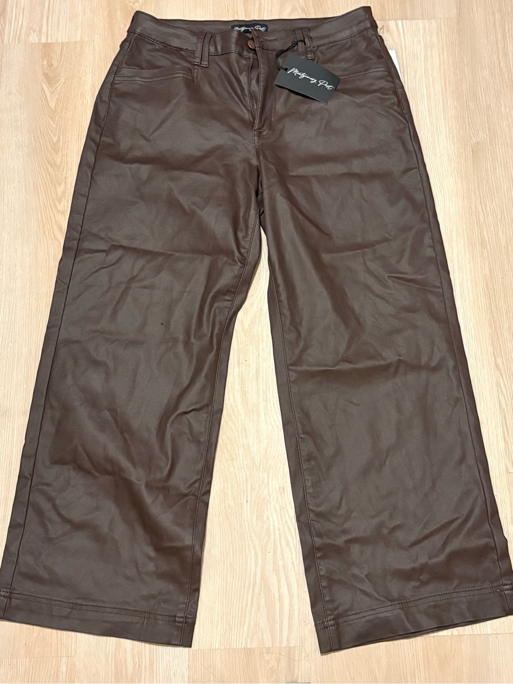 Wide-Leg Coated Pants in Dark Brown — Women